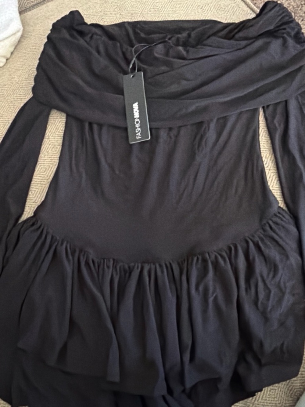 Fashion Nova Black One-Shoulder Ruffle Hem Dress